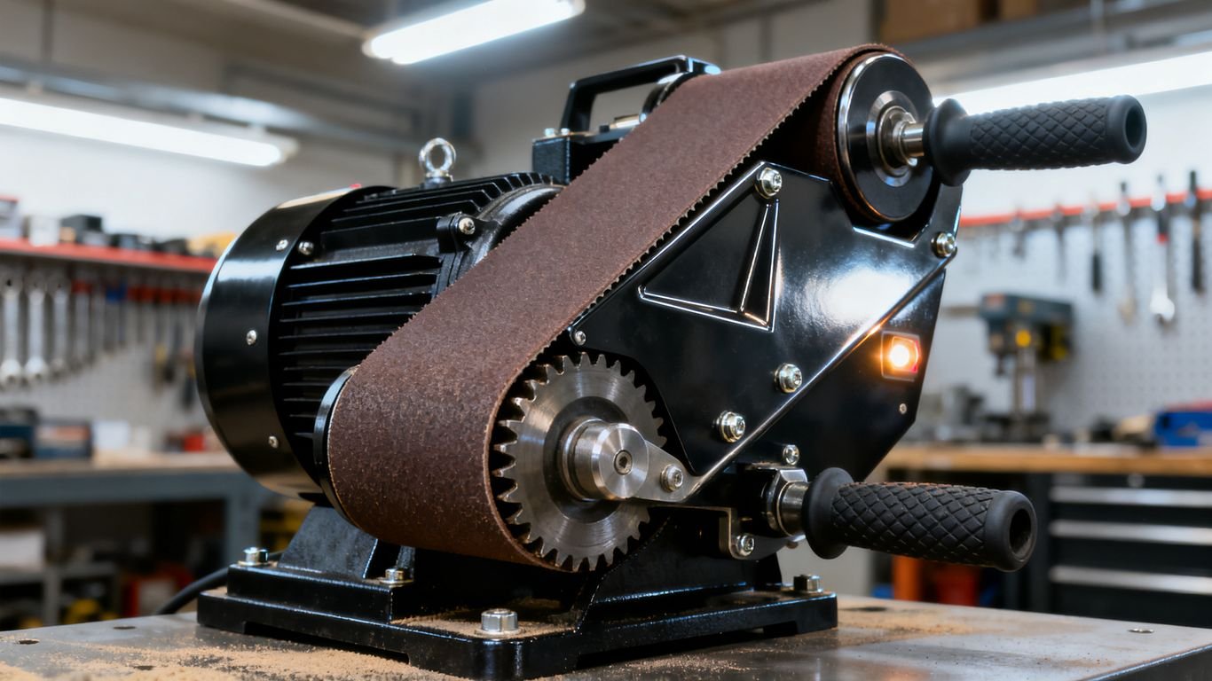 Belt sander machine in a workshop
