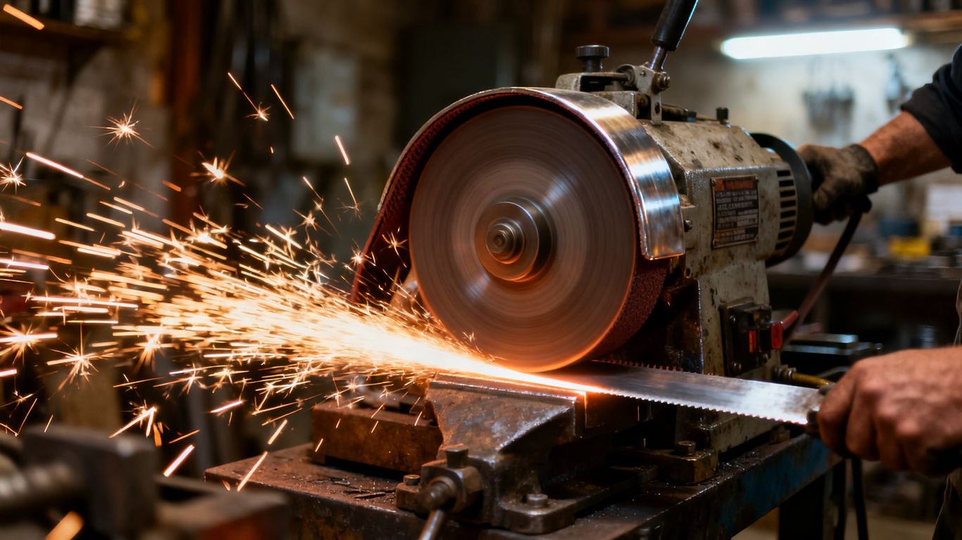 Custom belt grinder shaping a metal blade with sparks.