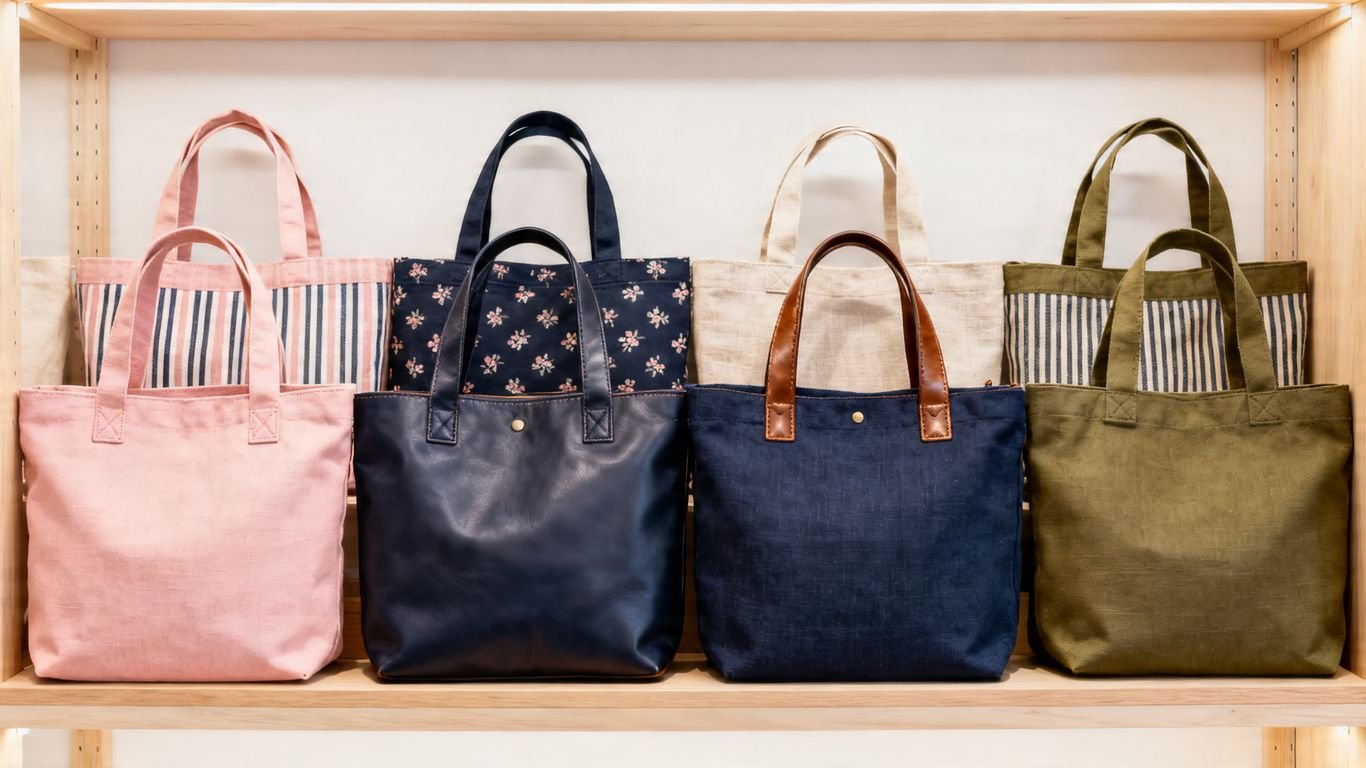 Various tote bags for bulk order manufacturing.