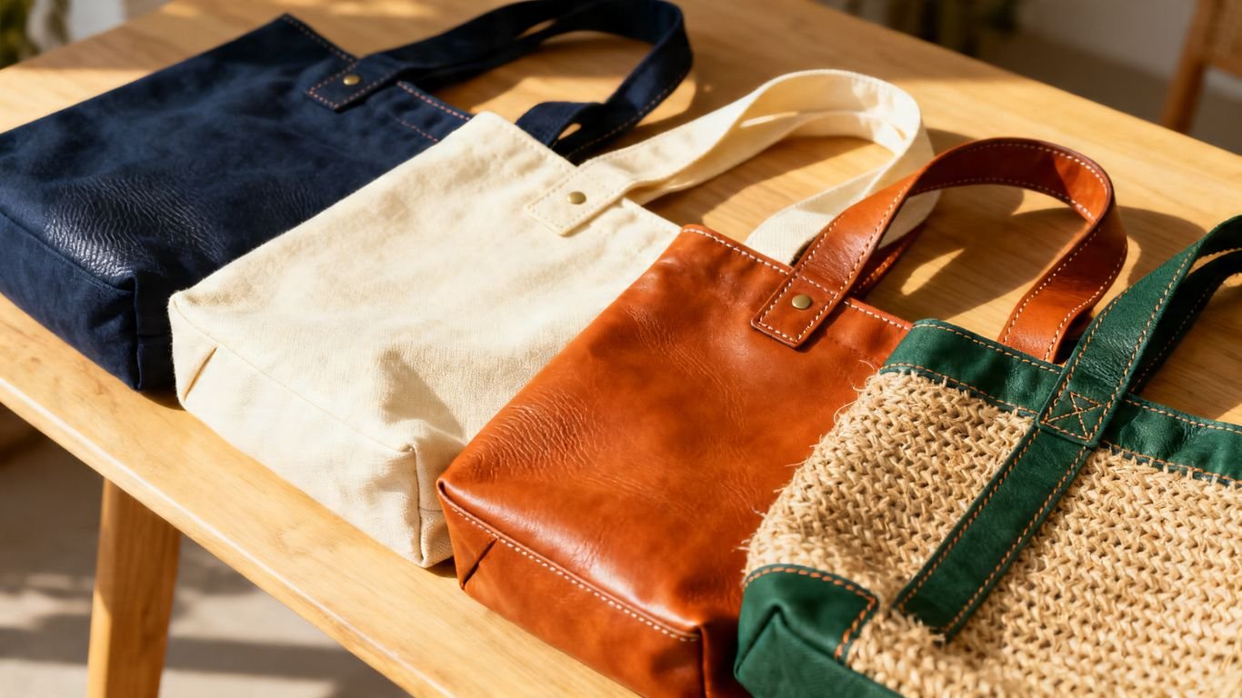 Assortment of quality tote bags in various colors and textures.