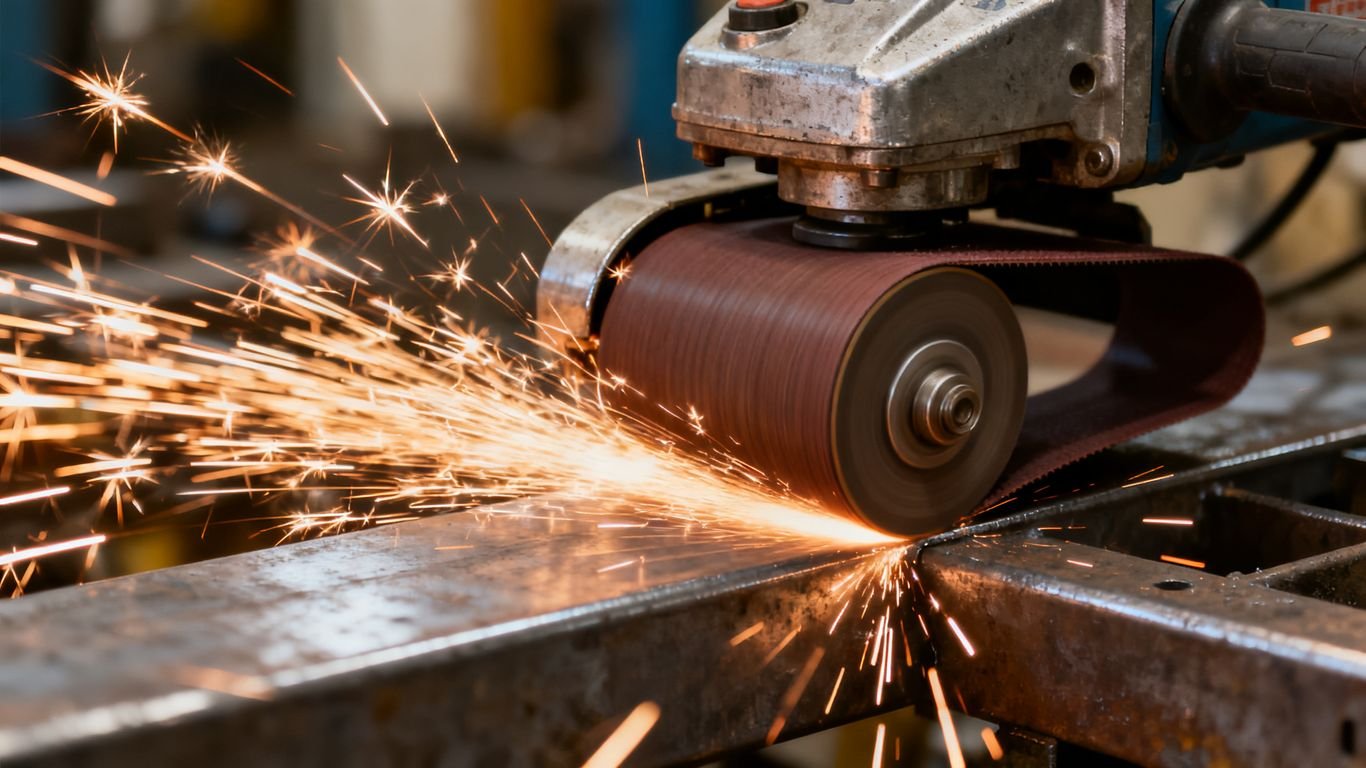 Abrasive belt grinding machine in action, sparks flying.